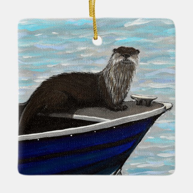 Otter in a Boat Painting Ceramic Ornament (Front)