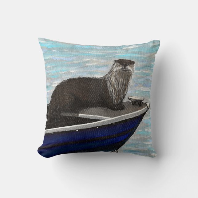 Otter in a Boat Painting Throw Pillow (Front)