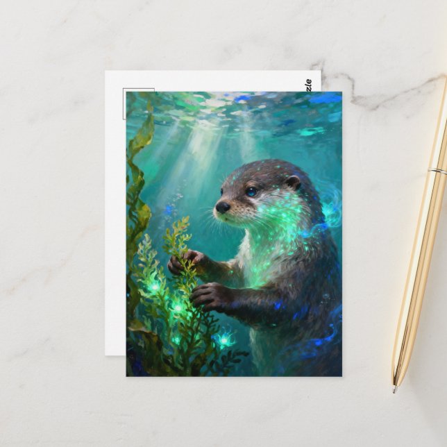 Otter in a Magical Seaweed Garden Postcard (Front/Back In Situ)