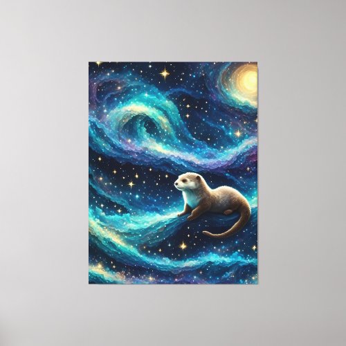 Otter in a Starry Night Ocean Canvas Print