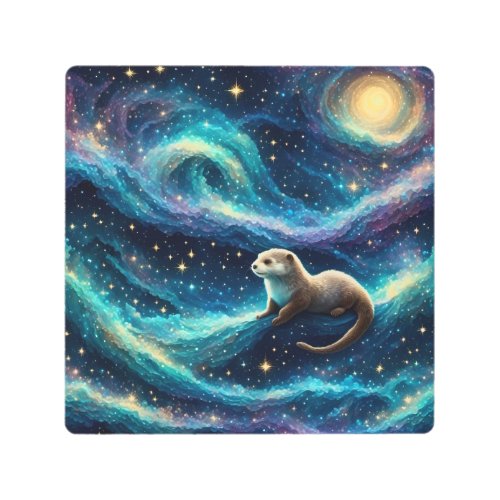 Otter in a Starry Night Ocean Metal Print
