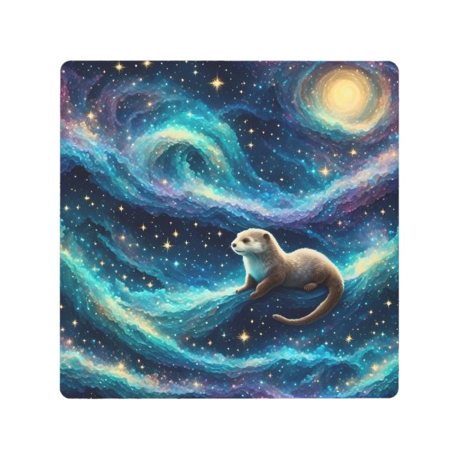 Otter in a Starry Night Ocean Metal Print (Front)
