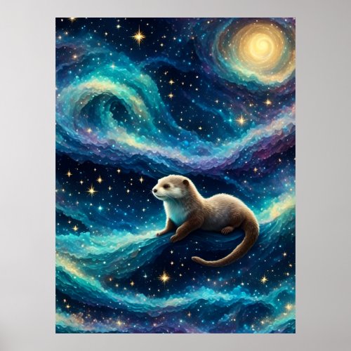 Otter in a Starry Night Ocean Poster