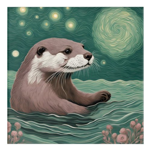 Otter in a Starry Night Ocean Sage and Rose Color Acrylic Print