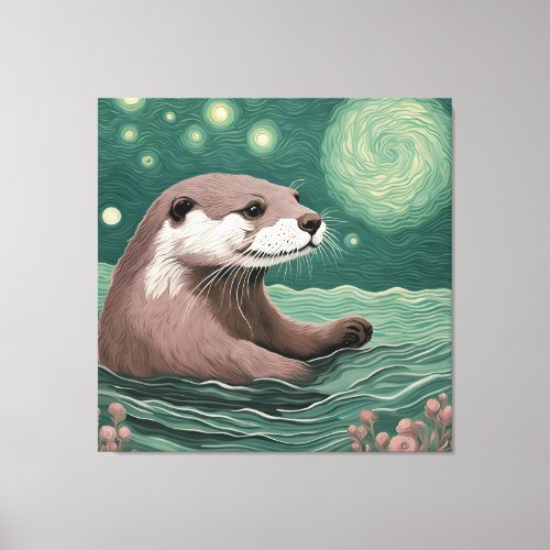 Otter in a Starry Night Ocean Sage and Rose Color Canvas Print