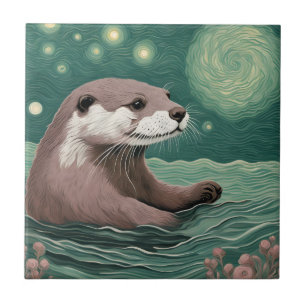 Otter in a Starry Night Ocean Sage and Rose Color Ceramic Tile