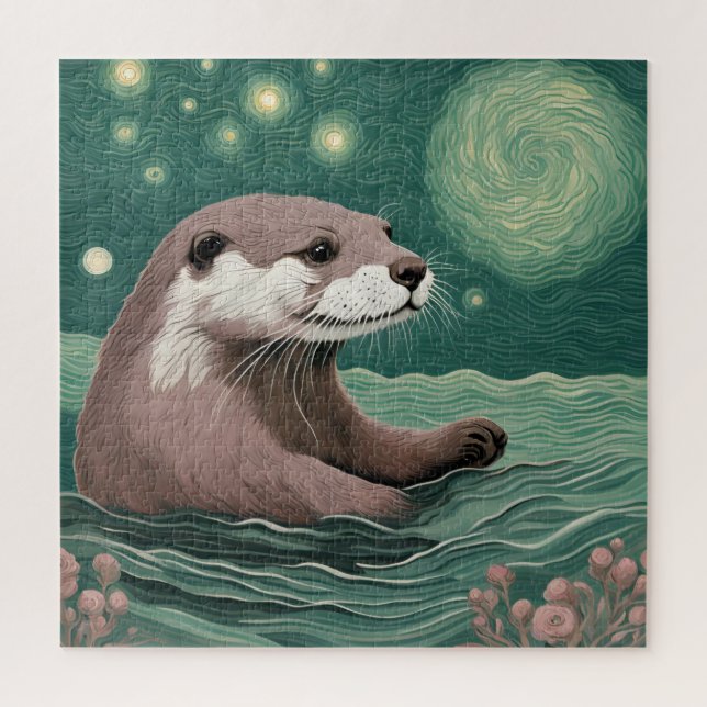 Otter in a Starry Night Ocean Sage and Rose Color Jigsaw Puzzle (Vertical)