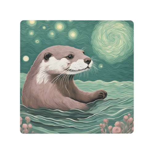 Otter in a Starry Night Ocean Sage and Rose Color Metal Print