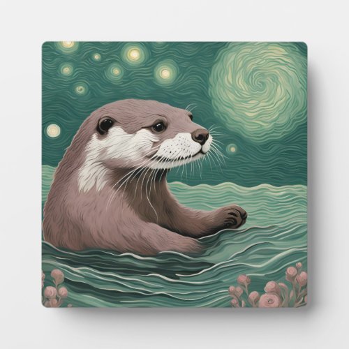Otter in a Starry Night Ocean Sage and Rose Color Plaque