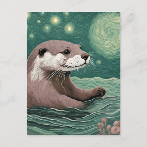 Otter in a Starry Night Ocean Sage and Rose Color Postcard