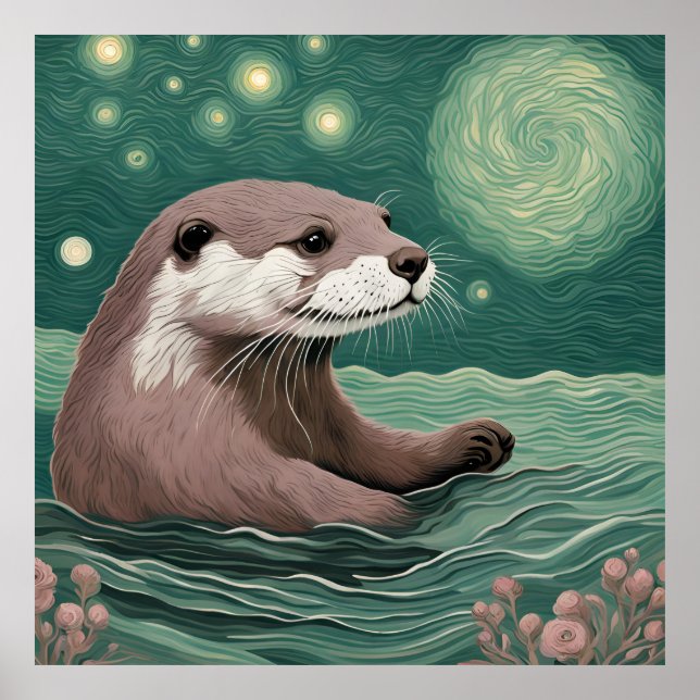 Otter in a Starry Night Ocean Sage and Rose Color Poster (Front)