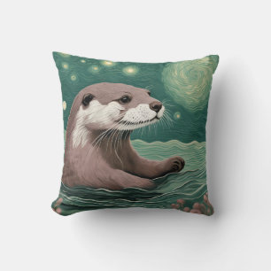 Otter in a Starry Night Ocean Sage and Rose Color Throw Pillow