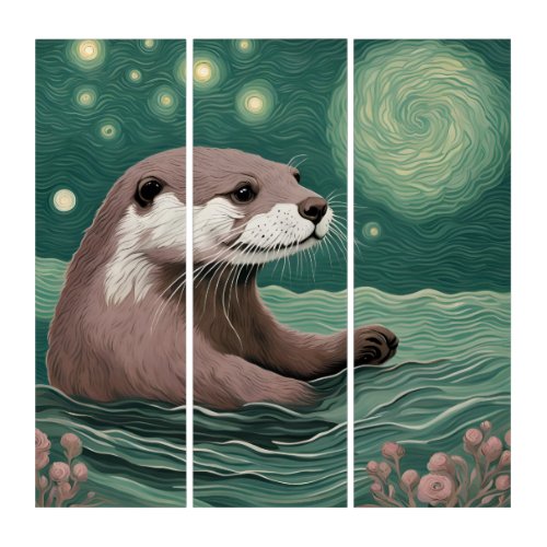 Otter in a Starry Night Ocean Sage and Rose Color Triptych