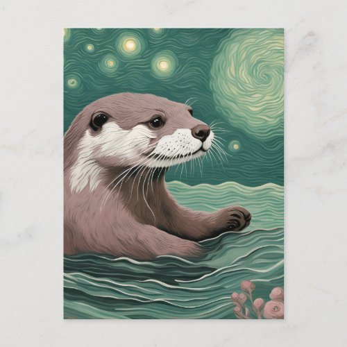Otter in a Starry Night Ocean Sage and Rose Postcard