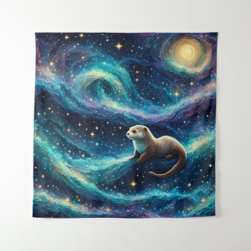 Otter in a Starry Night Ocean Tapestry