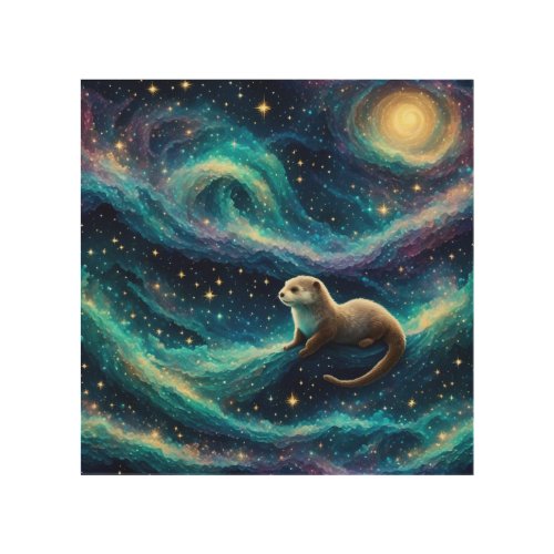 Otter in a Starry Night Ocean Wood Wall Art