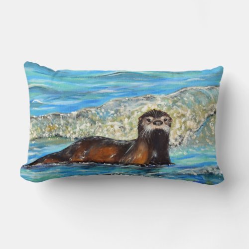 Otter in the Waves 2 Painting Lumbar Pillow