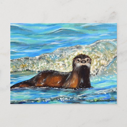 Otter in the Waves 2 Painting Postcard