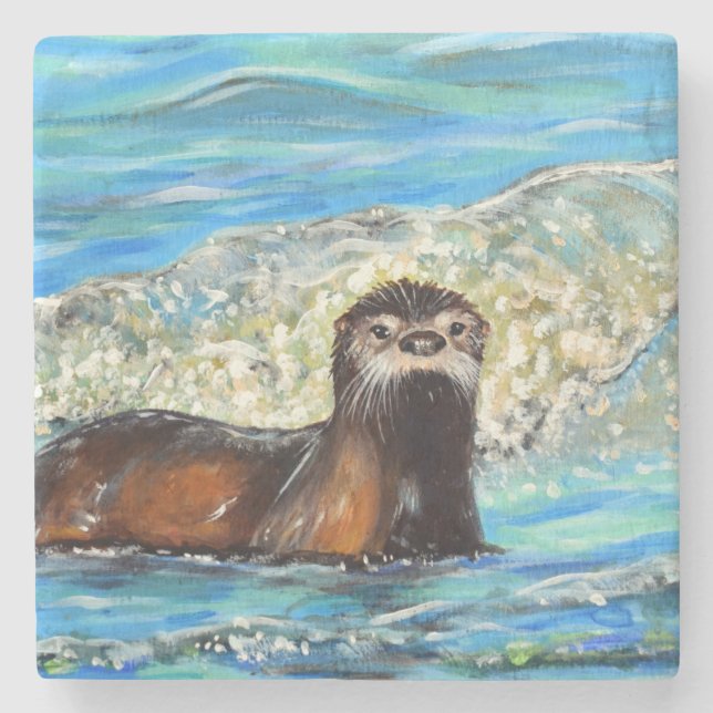 Otter in the Waves 2 Painting Stone Coaster (Front)