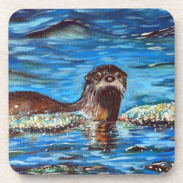Otter in the Waves Painting  Beverage Coaster (Front)