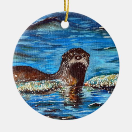 Otter in the Waves Painting Ceramic Ornament