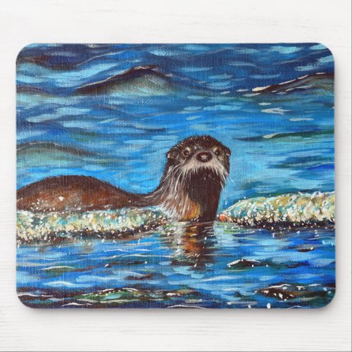 Otter in the Waves Painting Mouse Pad