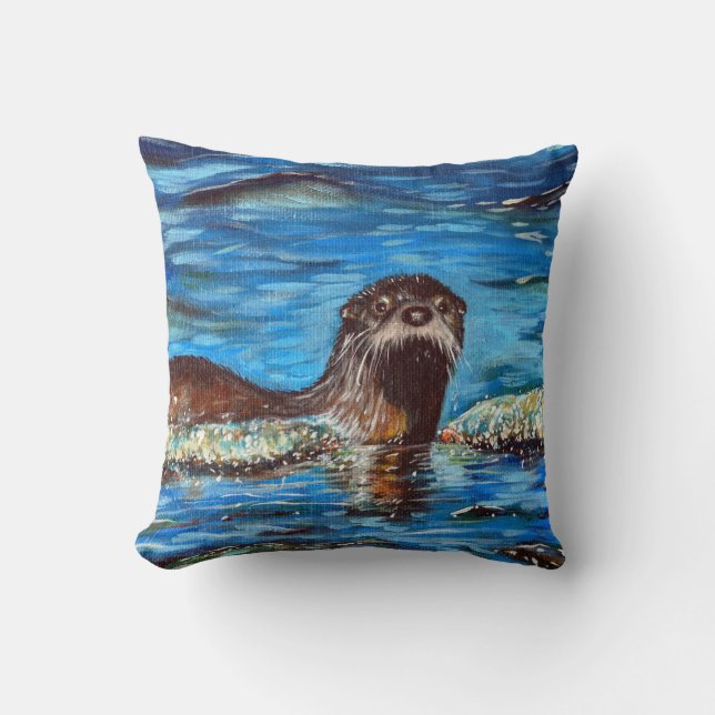Otter in the Waves Painting Throw Pillow (Front)