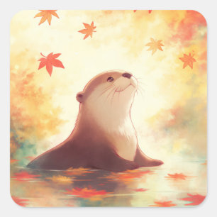 Otter in Water with Falling Autumn Maple Leaves Square Sticker