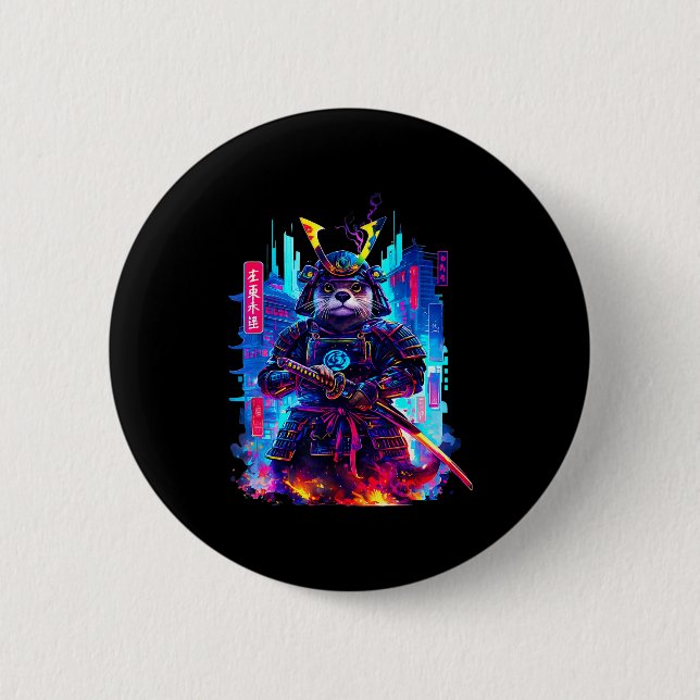 Otter Katana Cyberpunk Neon Samurai Japanese Art  Button (Front)