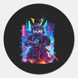 Otter Katana Cyberpunk Neon Samurai Japanese Art Classic Round Sticker