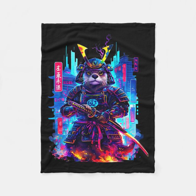 Otter Katana Cyberpunk Neon Samurai Japanese Art  Fleece Blanket (Front)