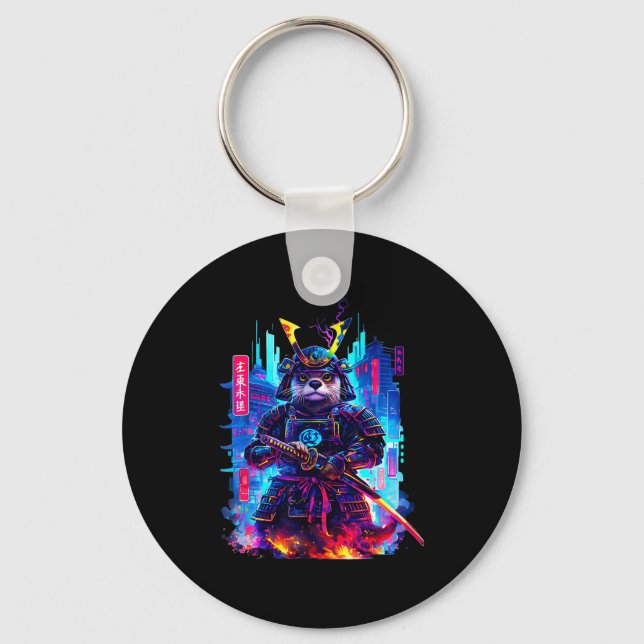 Otter Katana Cyberpunk Neon Samurai Japanese Art  Keychain (Front)