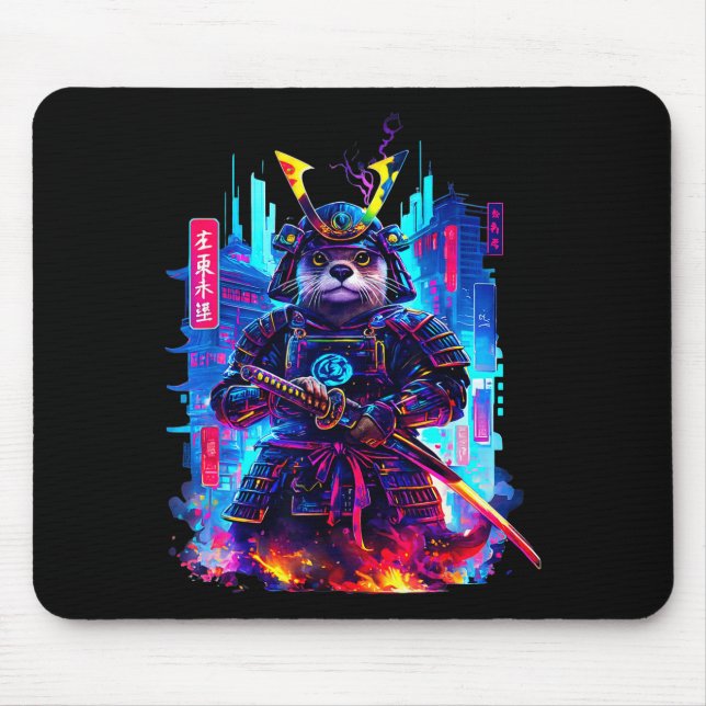 Otter Katana Cyberpunk Neon Samurai Japanese Art  Mouse Pad (Front)