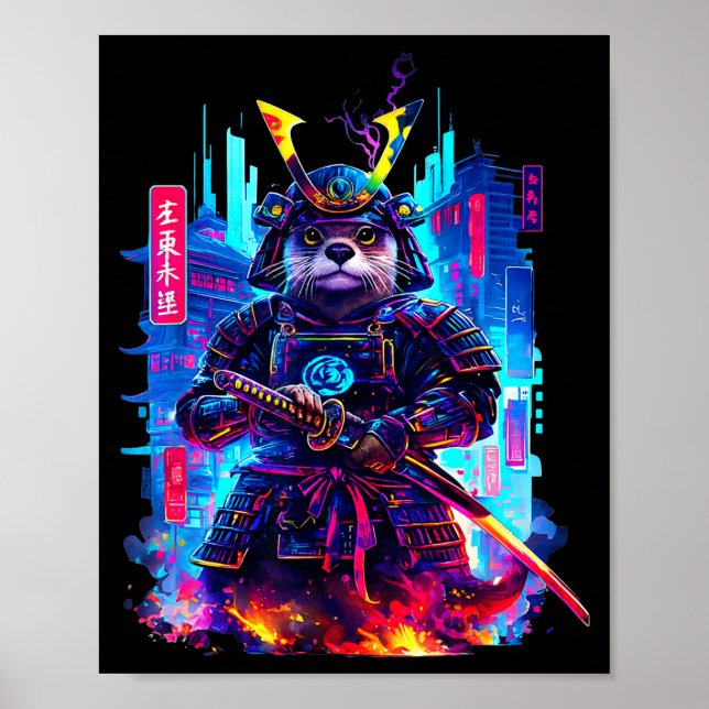 Otter Katana Cyberpunk Neon Samurai Japanese Art  Poster (Front)