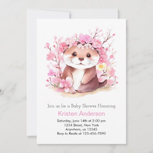 Otter Magic Pink Wildflowers Girl Baby Shower Invitation