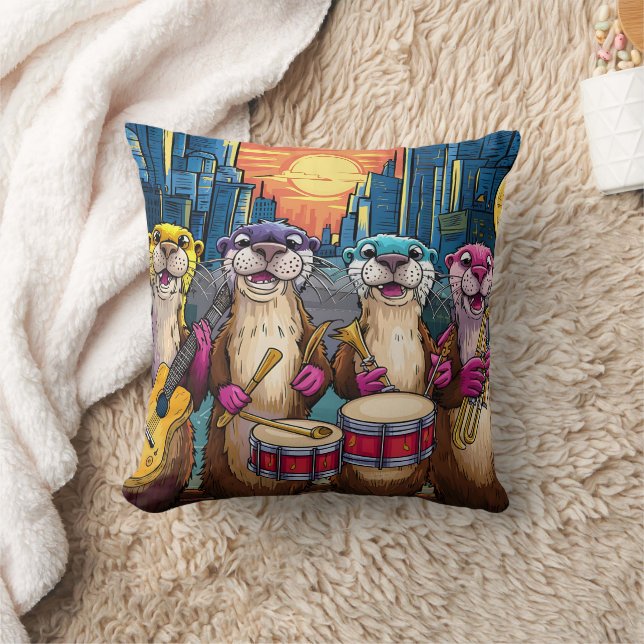 Otter Musicians Throw Pillow (Blanket)