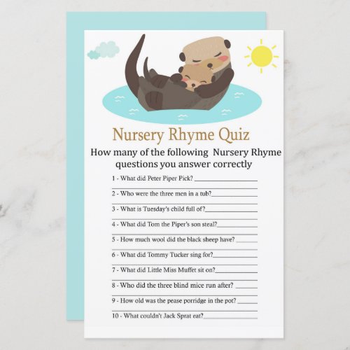 Otter Nursery Rhyme Quiz baby shower game