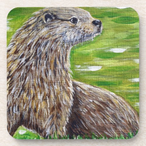 Otter on a River Bank Painting Beverage Coaster