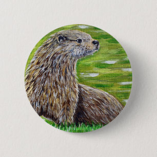 Otter on a River Bank Painting Button