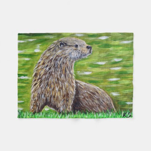 Otter on a River Bank Painting Fleece Blanket