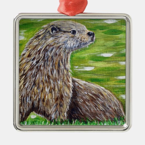 Otter on a River Bank Painting Metal Ornament