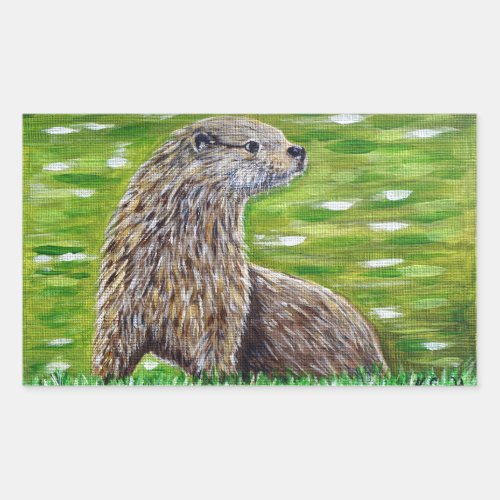 Otter on a River Bank Painting Rectangular Sticker