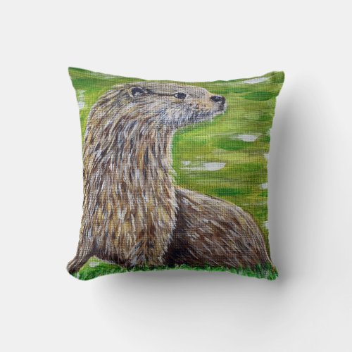 Otter on a River Bank Painting Throw Pillow