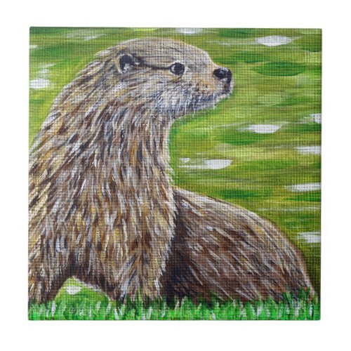 Otter on a River Bank Painting Tile