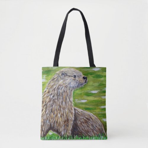 Otter on a River Bank Painting Tote Bag