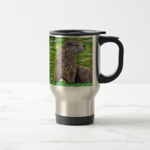 Otter on a River Bank Painting Travel Mug