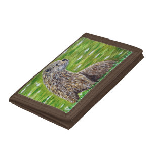 Otter on a River Bank Painting Tri-fold Wallet
