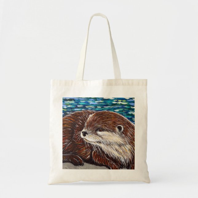 Otter on a Rock Painting Tote Bag (Front)