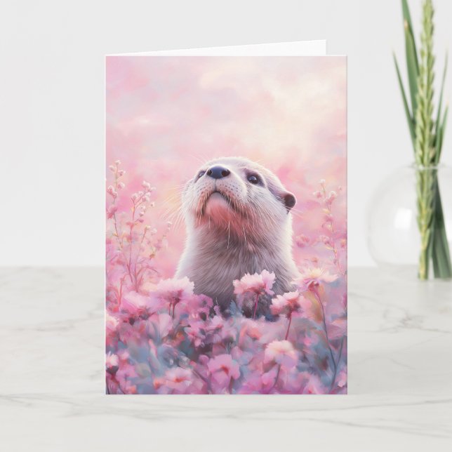 Otter Peeking Through Dreamy Floral Blooms Card (Front)