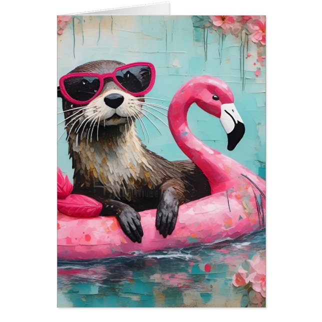 Otter Pink Flamingo All Occasion Blank Greeting Cards (Front)